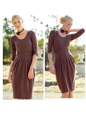 Peruvian Connection Pima Cotton Ruched Waist 3/4 Sleeve Midi Dress Size XL